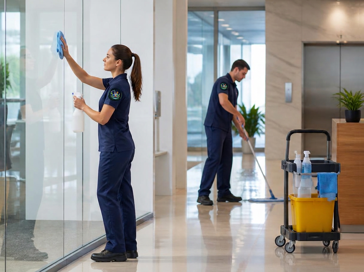 Cleaners wiping glass and mopping an office lobby with professional products