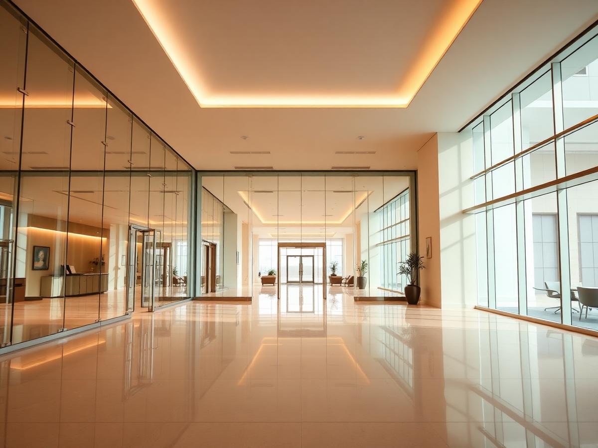 Polished, spotless office lobby cleaned by Alencia's Cleaning Services