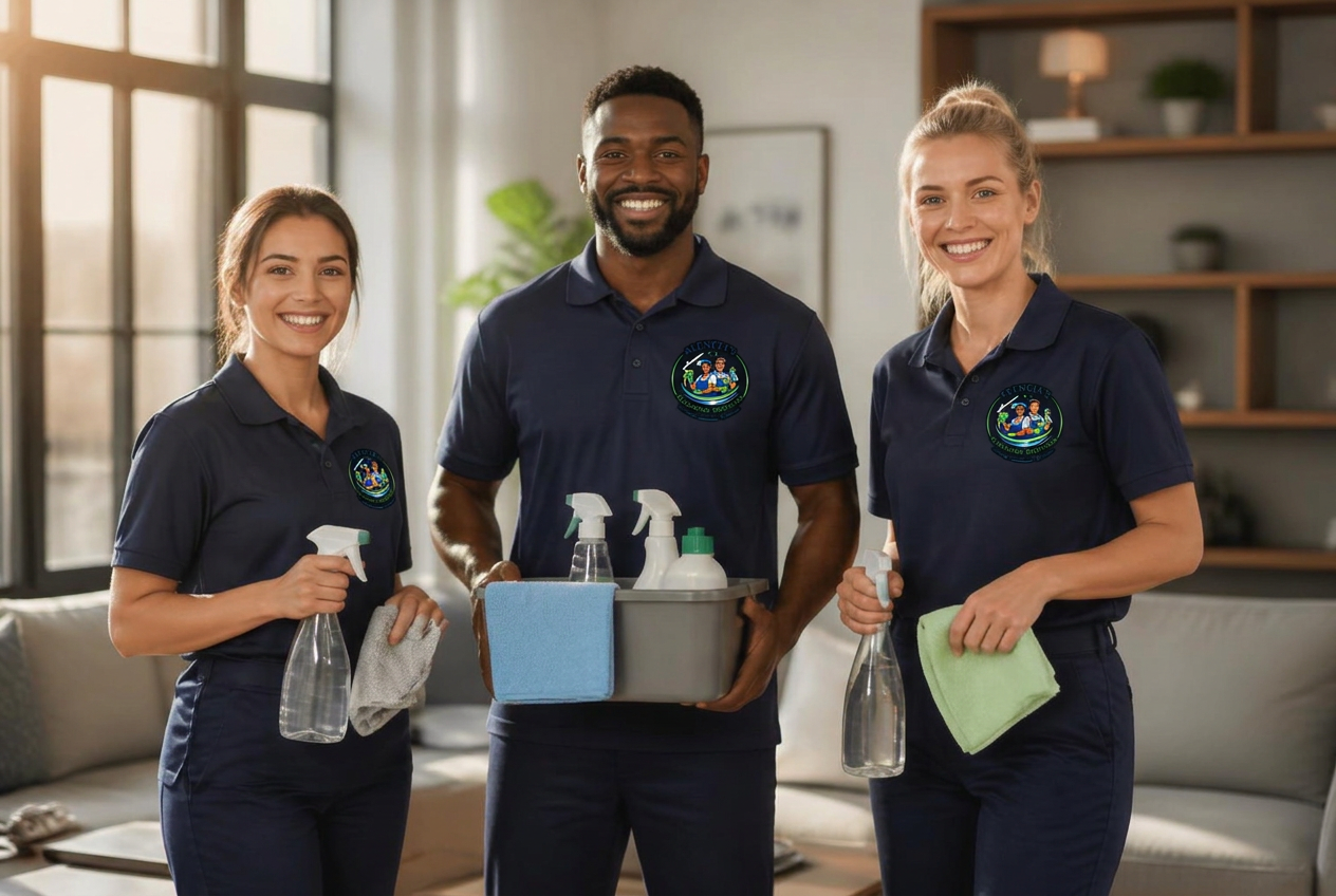 Alencia's Cleaning Services team holding cleaning products in a bright Orlando home